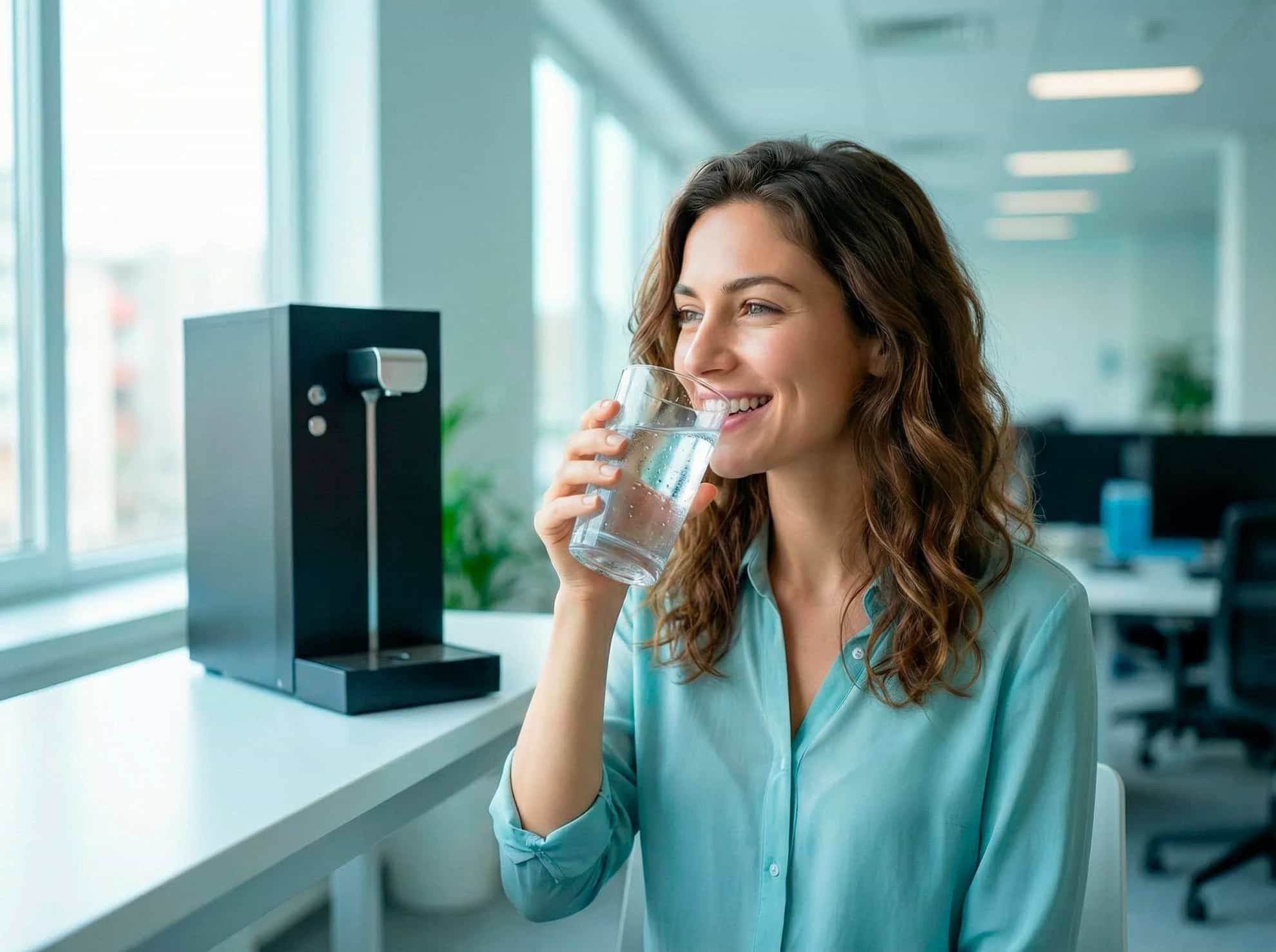 Persona che beve un bicchiere d'acqua pura in un ufficio moderno