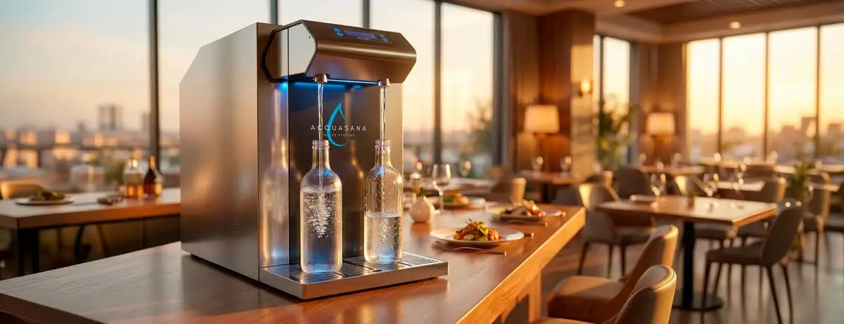 Dispenser Acquasana su un bancone di ristorante al tramonto, con bottiglie d'acqua depurata