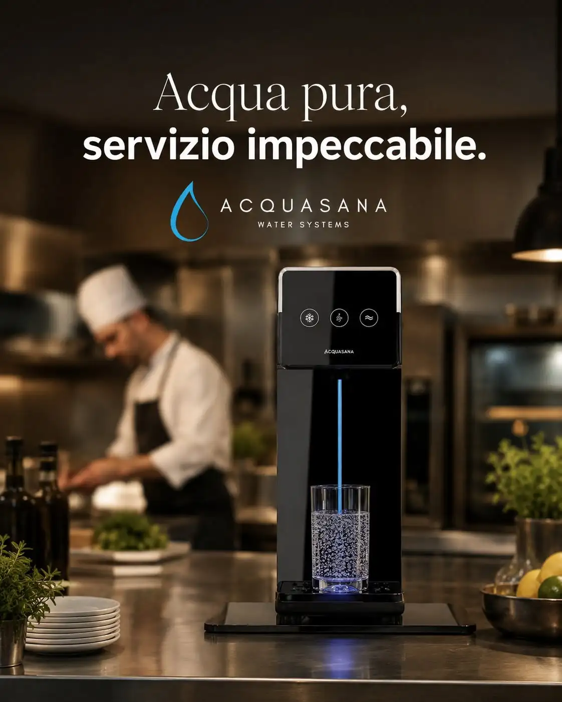 Tavolo apparecchiato in un ristorante con bicchieri d'acqua