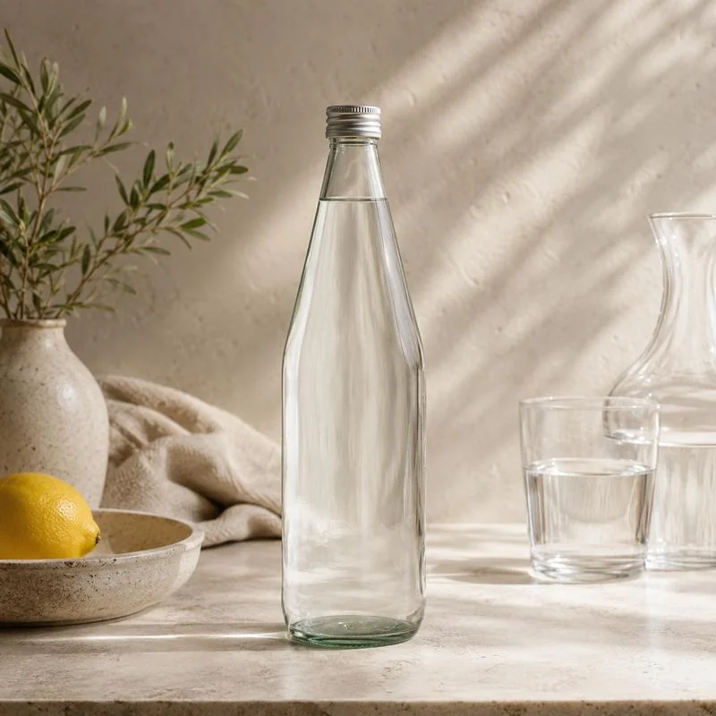Bottiglia trasparente dalle linee curve accanto a bicchieri e limoni