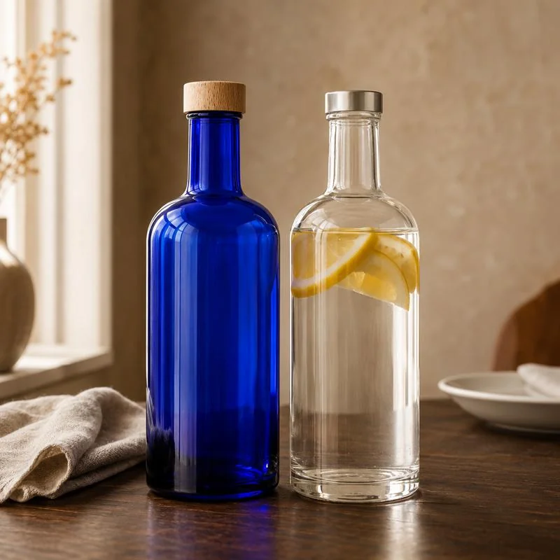 Bottiglia blu e bottiglia trasparente con limone, affiancate su un piano