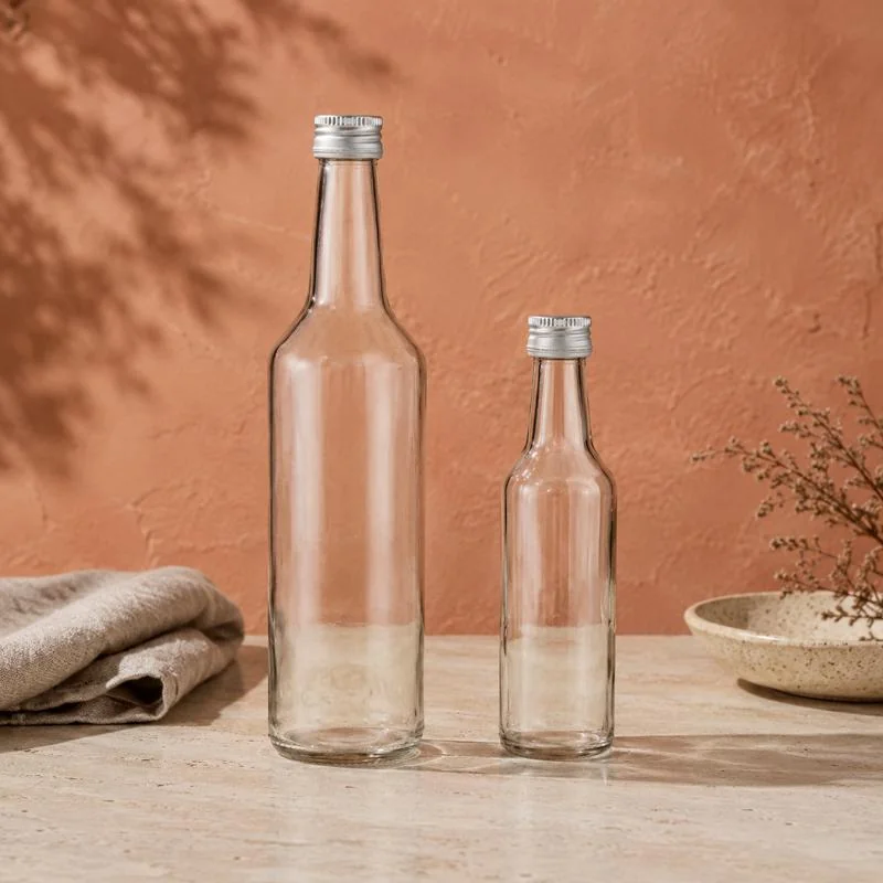 Due bottiglie trasparenti con tappo a vite su fondo terracotta
